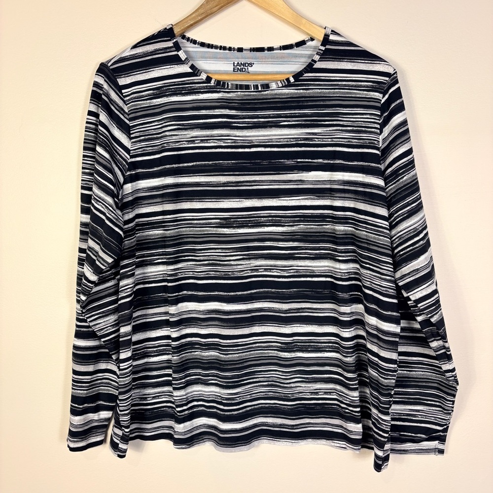 Lands' End Black Gray Rash Guard Long Sleeve Swim Top Active Outdoors